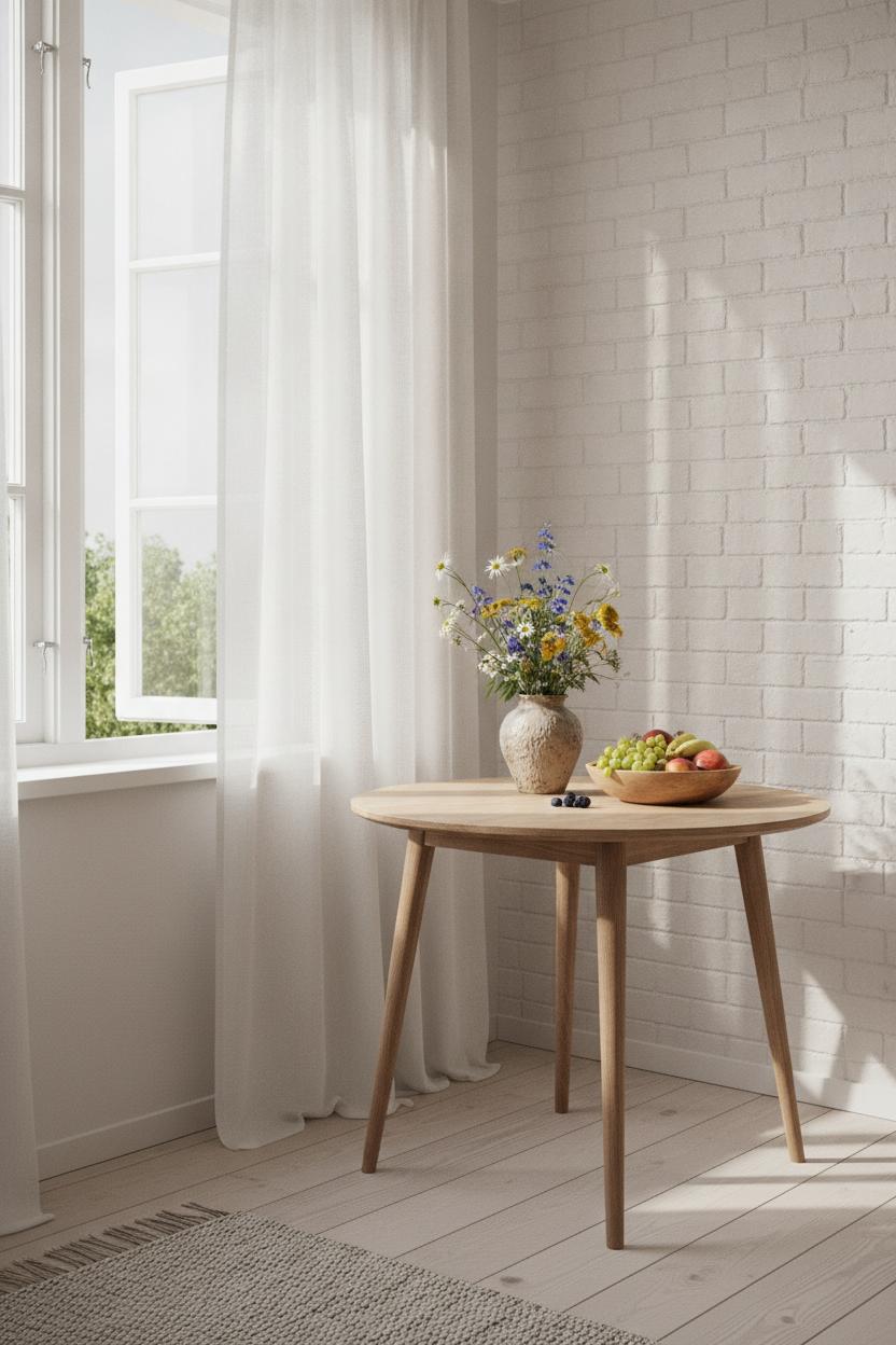 Bright Scandinavian kitchen nook with wildflowers and summer fruit embracing slow living wellness habits