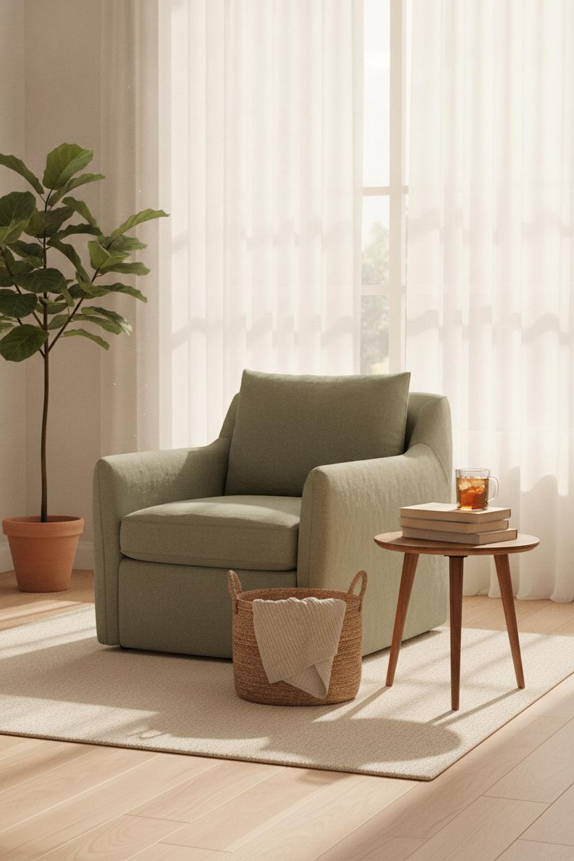 Sunlit minimalist reading nook with sage linen armchair, books, iced tea, and fiddle leaf fig — summer slow living wellness habits