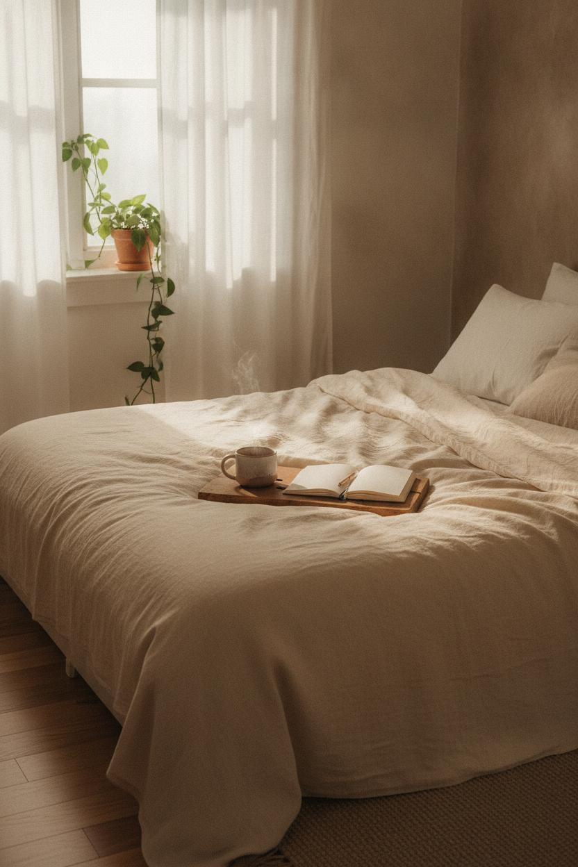 Minimalist bedroom with linen bedding, tea, and journal embracing summer slow living wellness habits in morning light