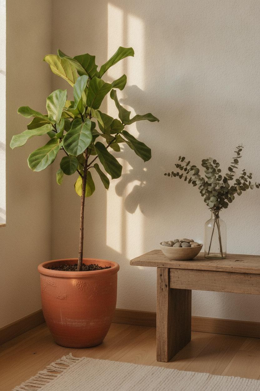 Cozy summer living room refresh with fiddle leaf fig, eucalyptus vase, and warm sunlight on white wall
