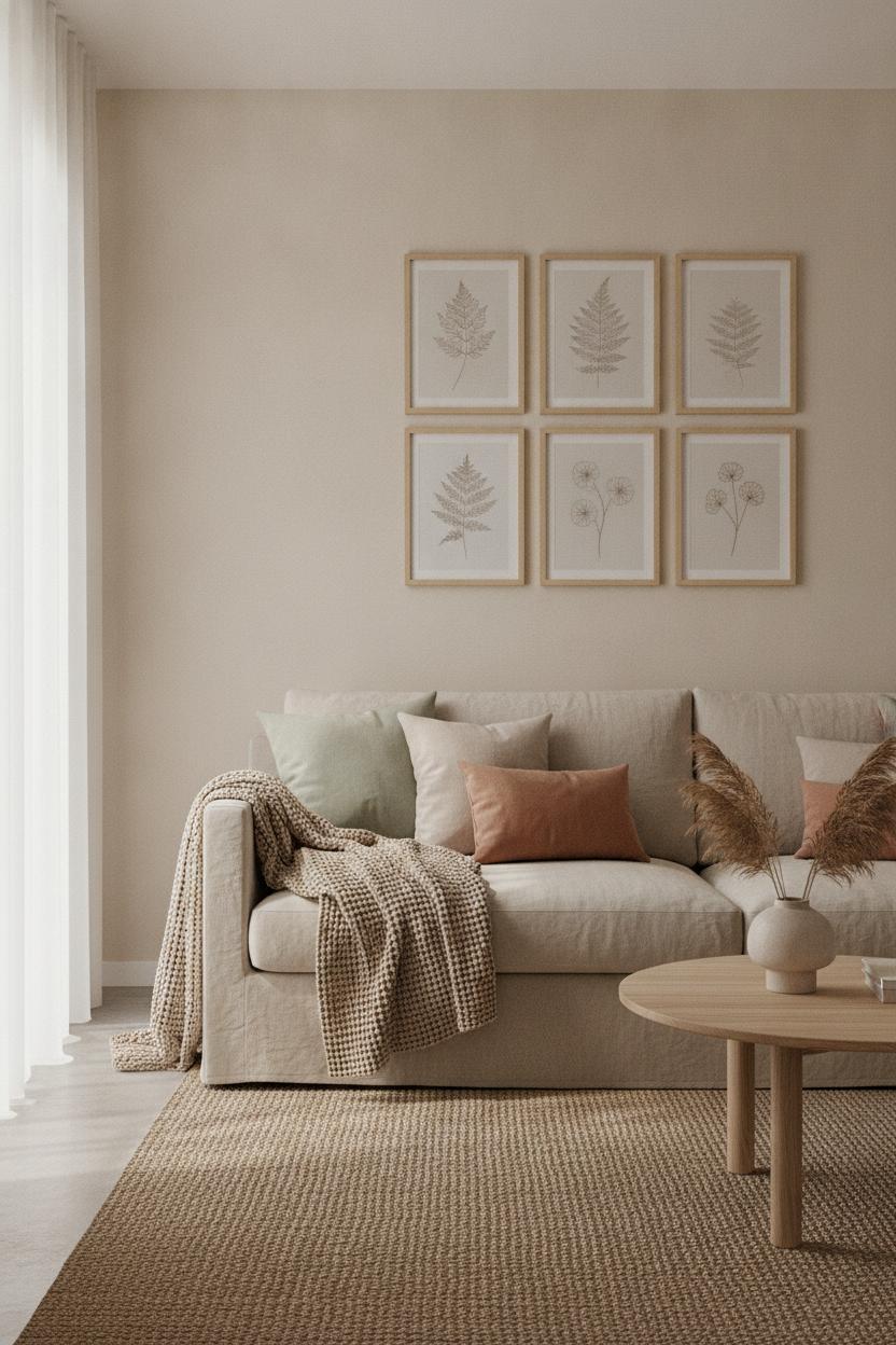 Cozy summer living room refresh with linen sofa, sage green accents, terracotta tones, and botanical gallery wall