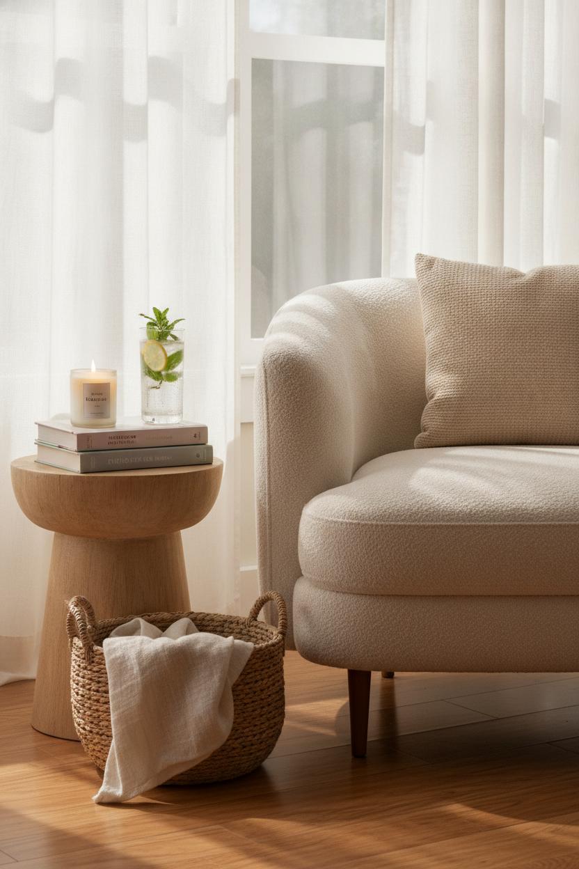 Cozy summer living room refresh with boucle chair, books, iced water, and candle in a sun-drenched reading nook