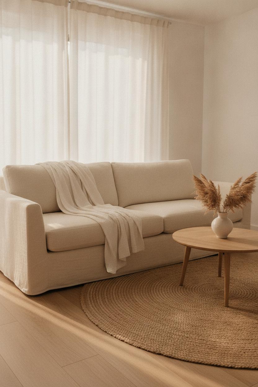 Cozy summer living room refresh with cream linen sofa, sheer curtains, jute rug, and pampas grass decor