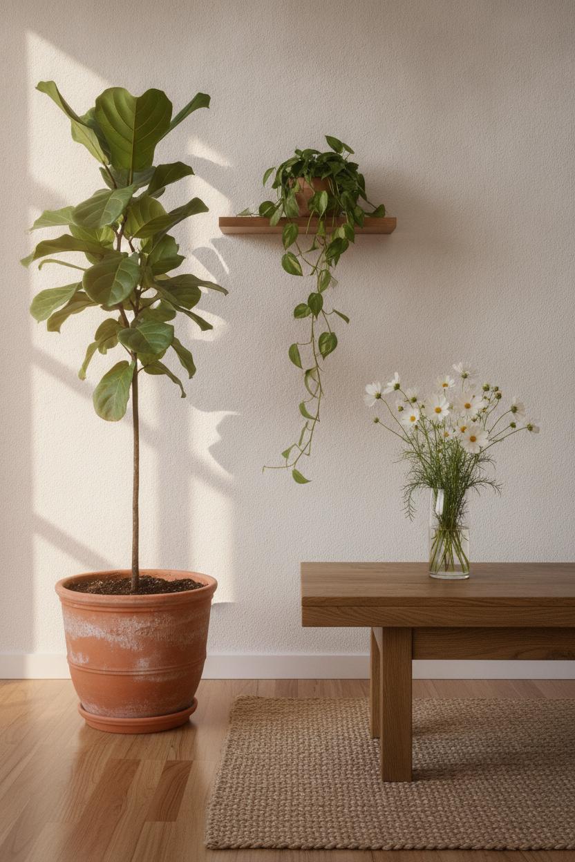 Cozy minimalist living room with fiddle leaf fig, pothos, and white cosmos flowers — summer living room refresh ideas