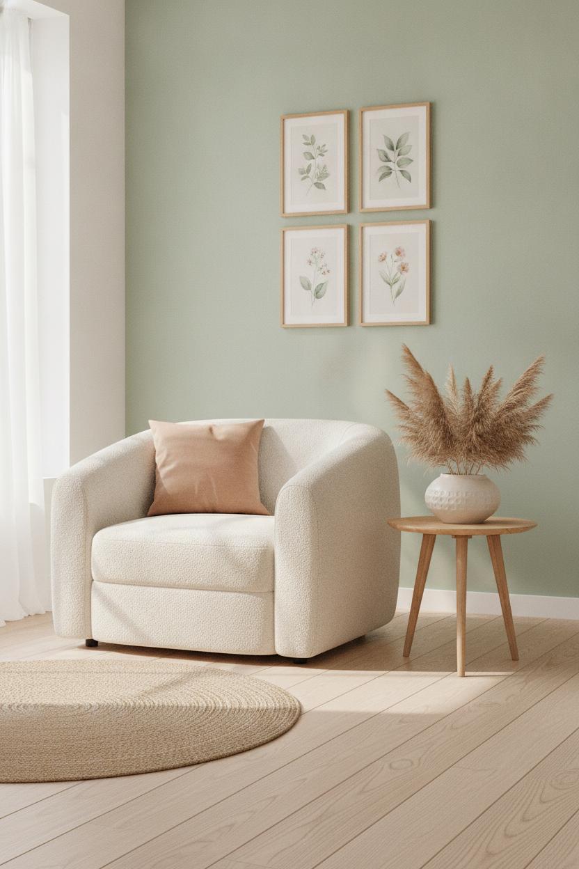Sage green living room with boucle armchair, jute rug, and botanical prints — summer living room refresh ideas in soft tones