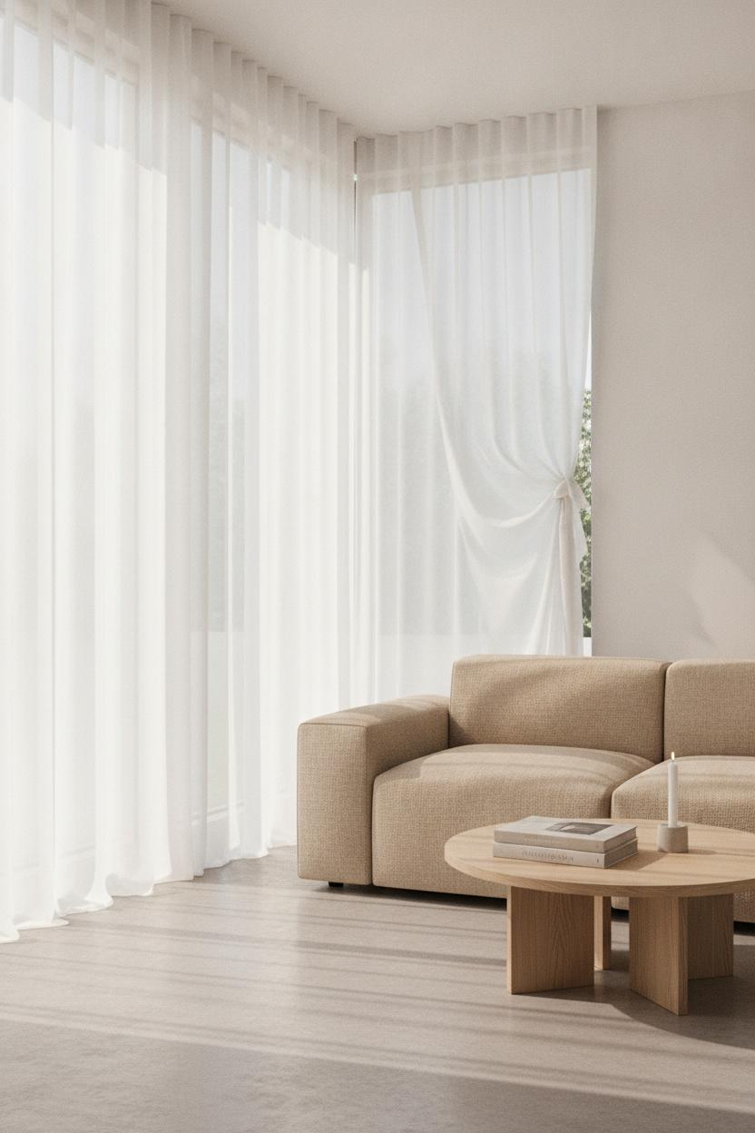 Minimalist summer living room refresh ideas with sheer curtains, sand sofa, and oak coffee table in bright natural light