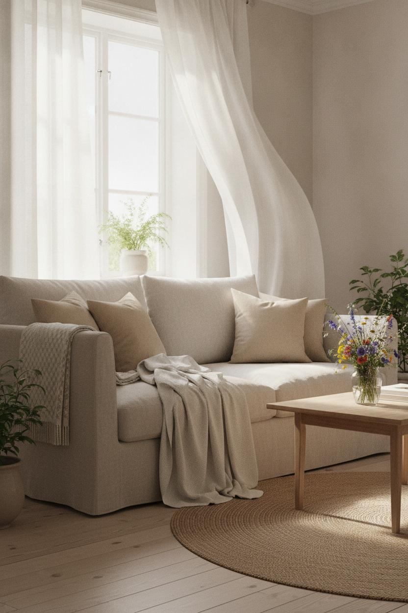 Bright Scandinavian living room with linen sofa and sheer curtains — summer living room refresh ideas in natural light