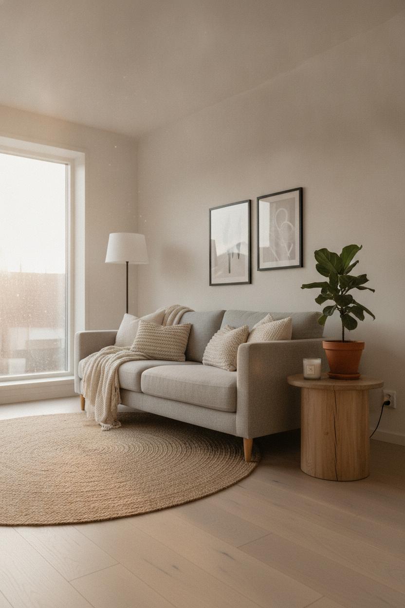Scandinavian living room with gray sofa, jute rug, and wooden side table — budget living room makeover ideas