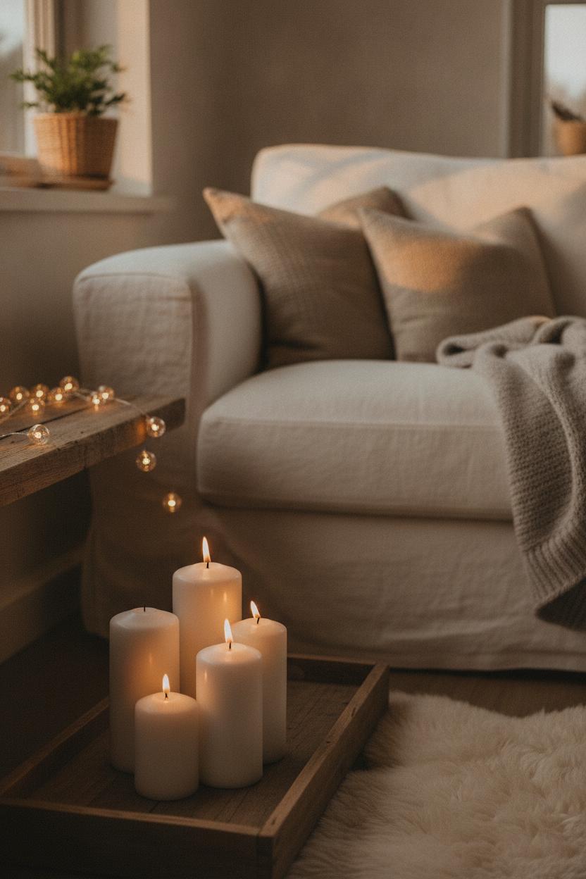 Cozy Hygge living room with pillar candles and Edison string lights — budget living room makeover ideas