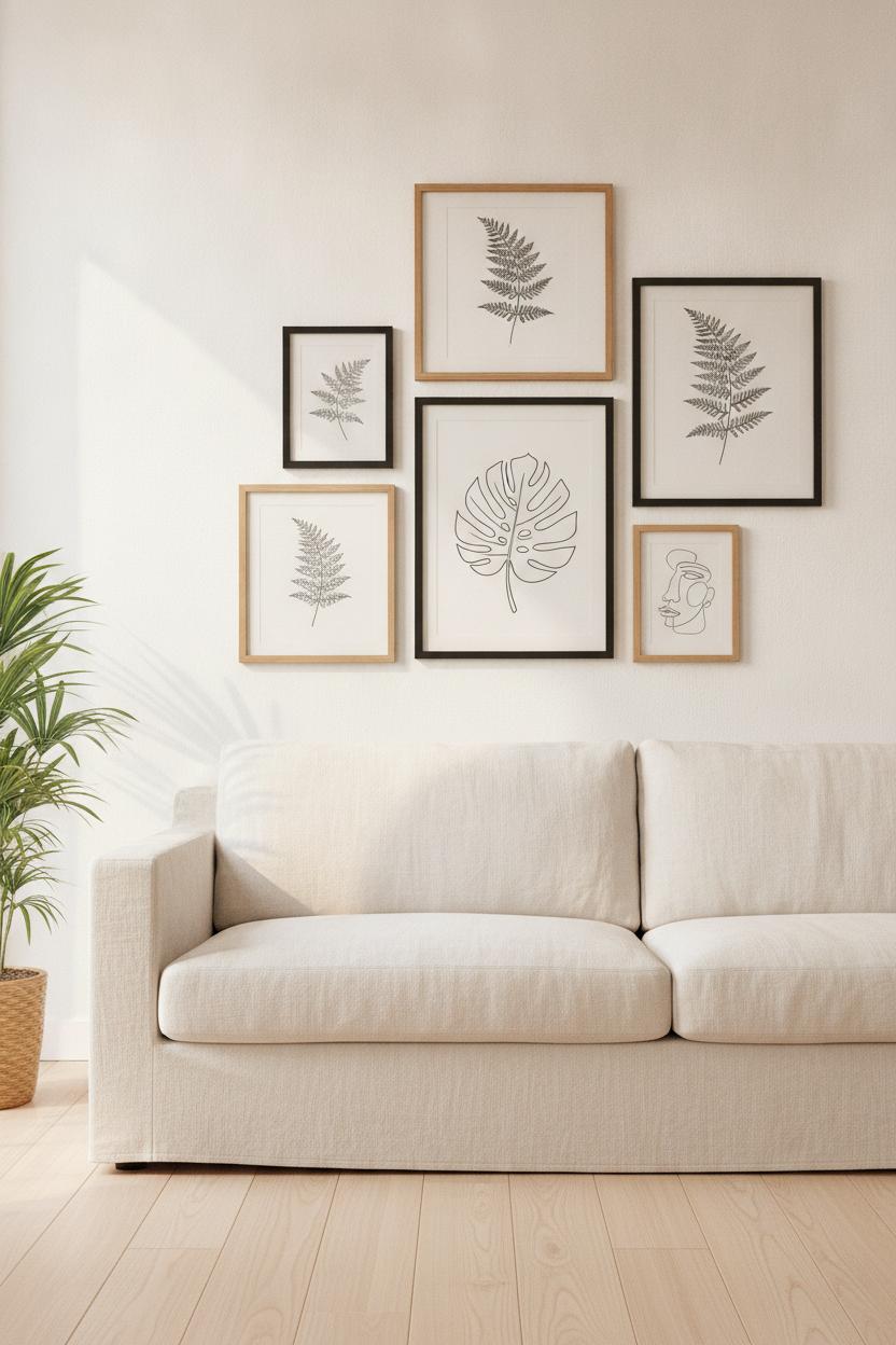 Minimalist gallery wall with botanical prints and line art in thrifted frames — budget living room makeover ideas