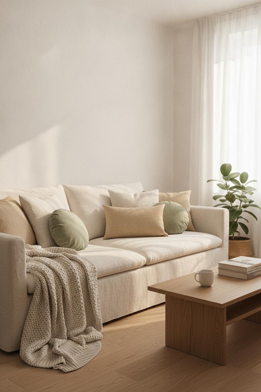 Cozy minimalist sofa with neutral linen pillows and chunky knit blanket — simple budget living room makeover ideas