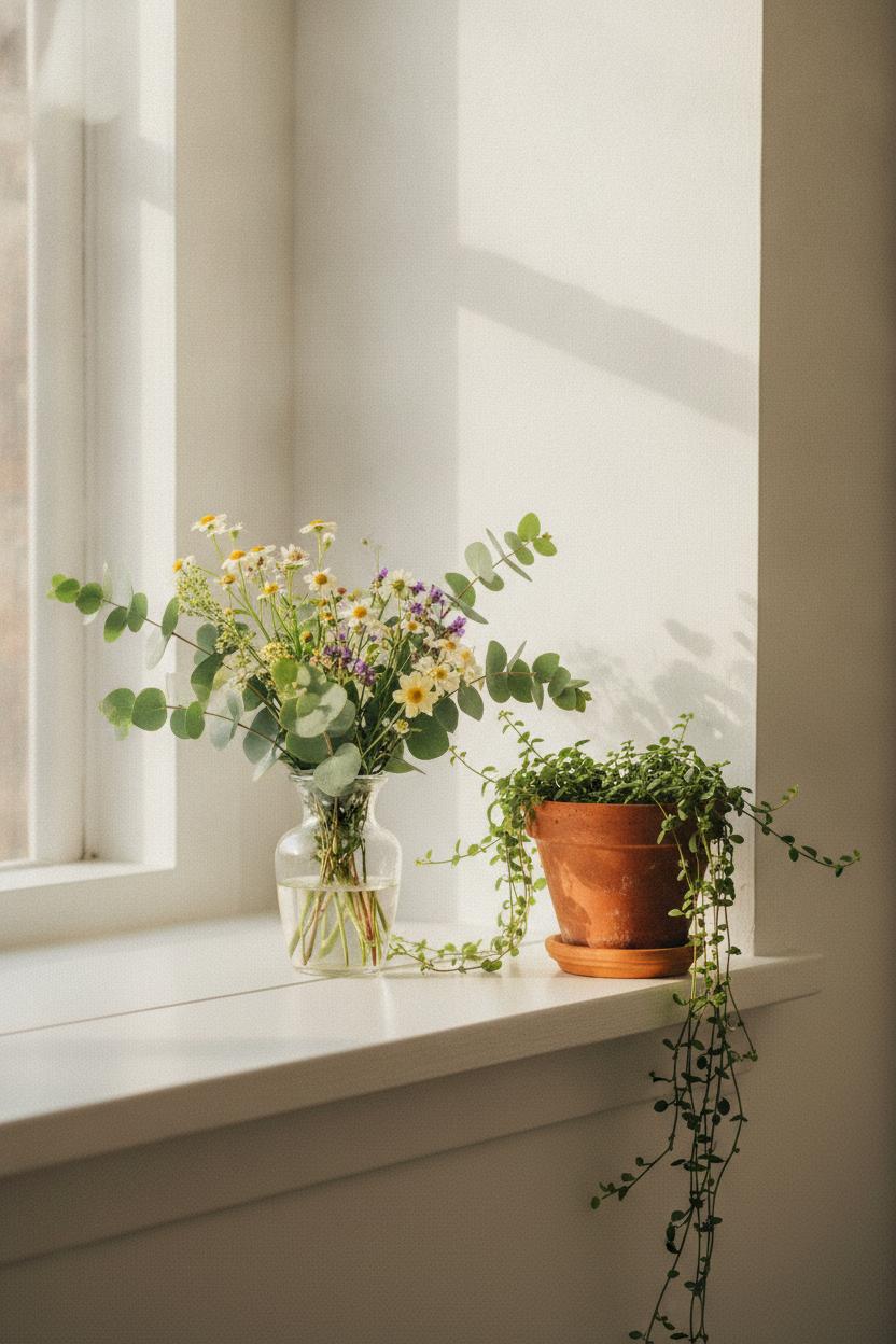 Bright kitchen windowsill with eucalyptus, wildflowers, and trailing plant — easy summer home refresh on a budget