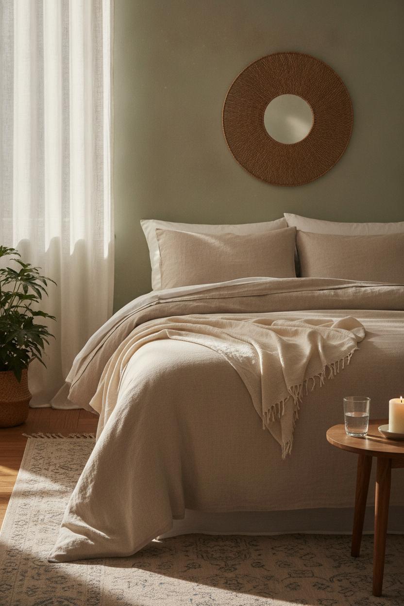 Cozy bedroom with oat linen duvet and throw, wooden nightstand, candle — summer home refresh on a budget with airy textures