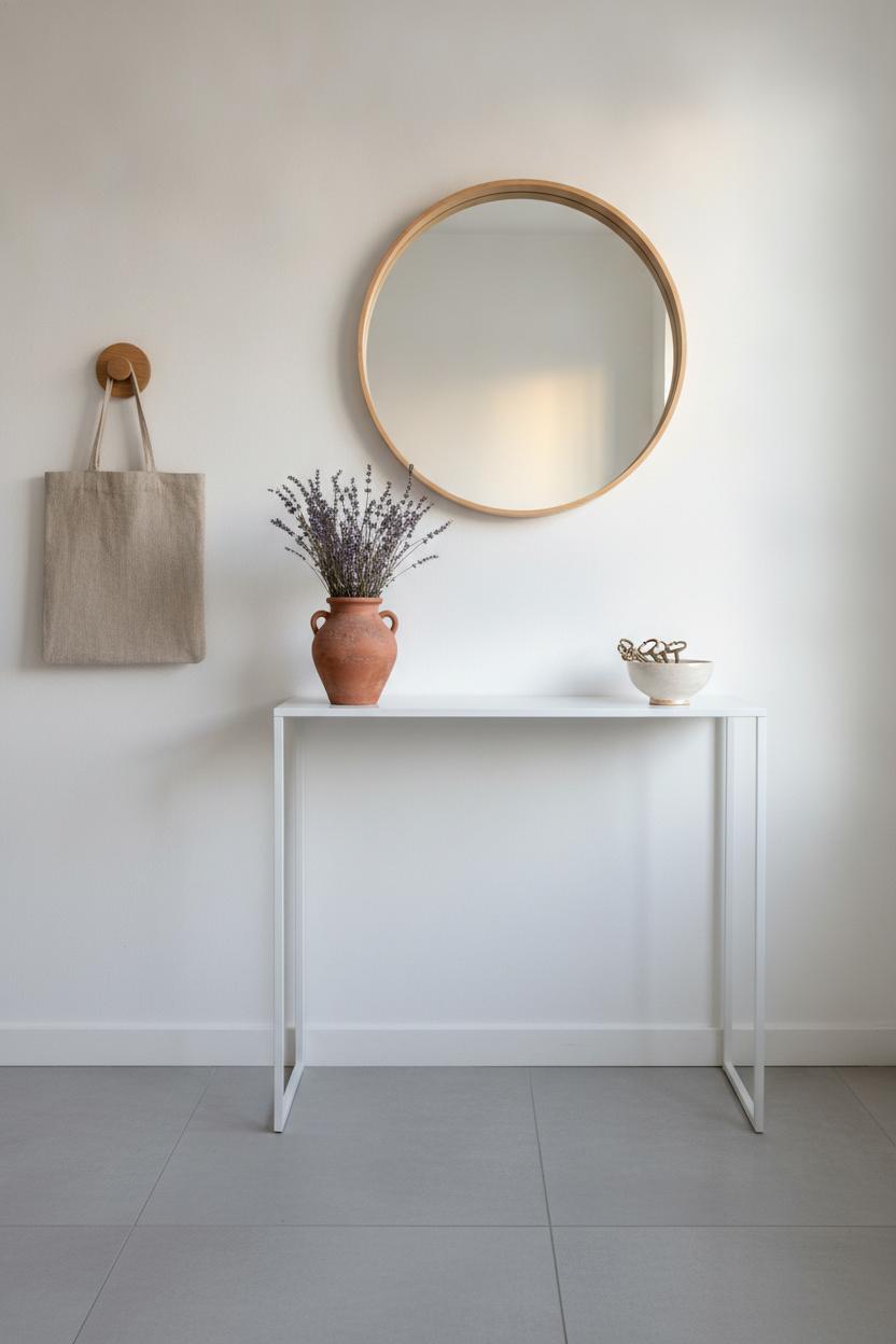 Minimal entryway console with dried lavender, ceramic bowl, and linen tote — easy summer home refresh on a budget