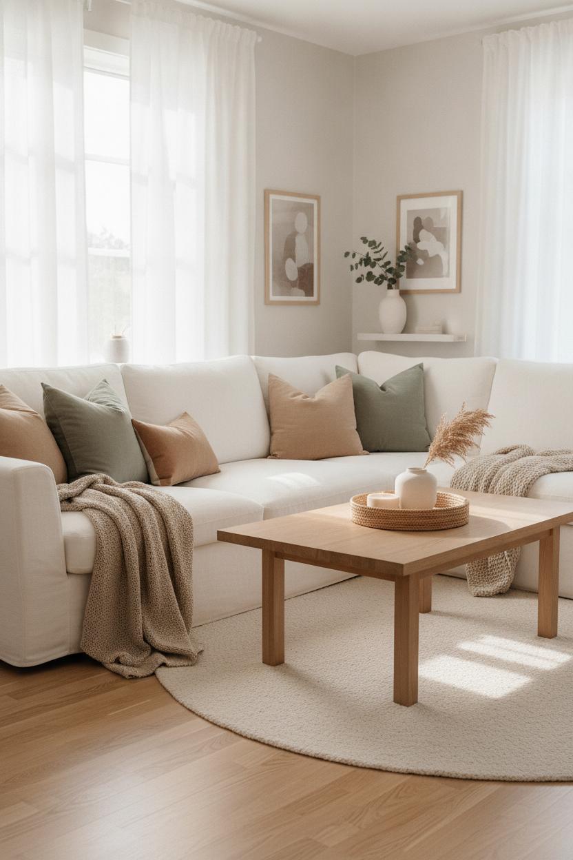 Scandinavian living room with sage green and sand throw pillows on white sofa — easy summer home refresh on a budget