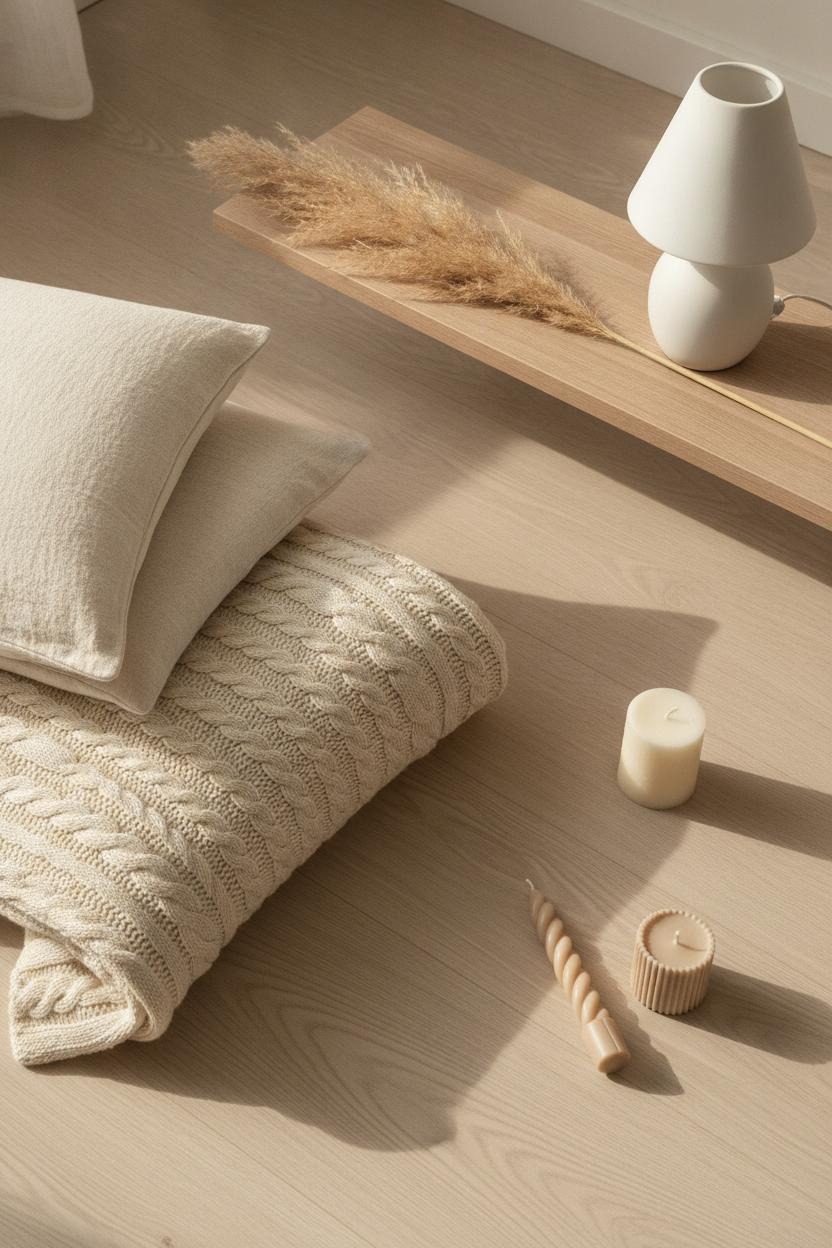 Cozy bedroom decor flat lay — chunky knit throw, linen pillows, candles & pampas grass for an affordable bedroom makeover before after