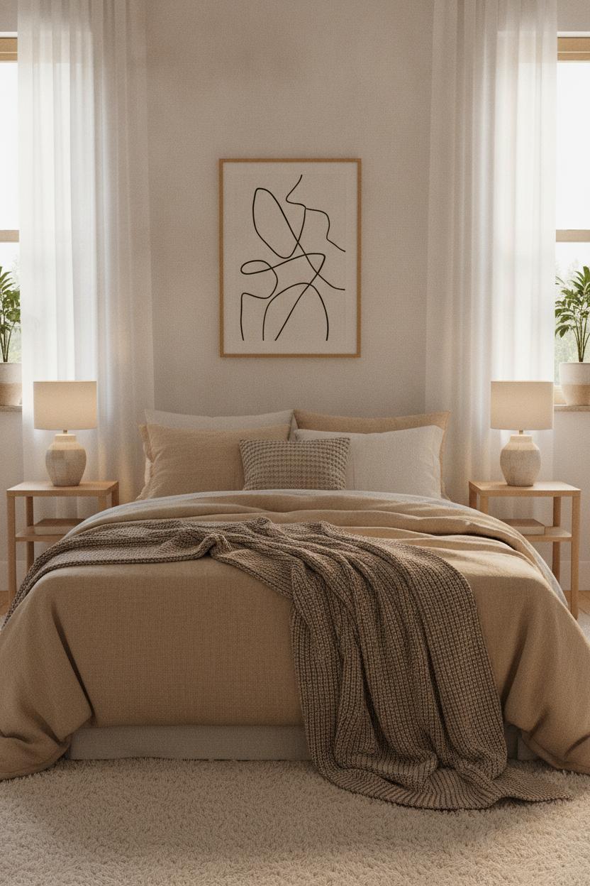 Cozy minimalist bedroom with neutral linen bedding and warm morning light — affordable bedroom makeover before after inspiration