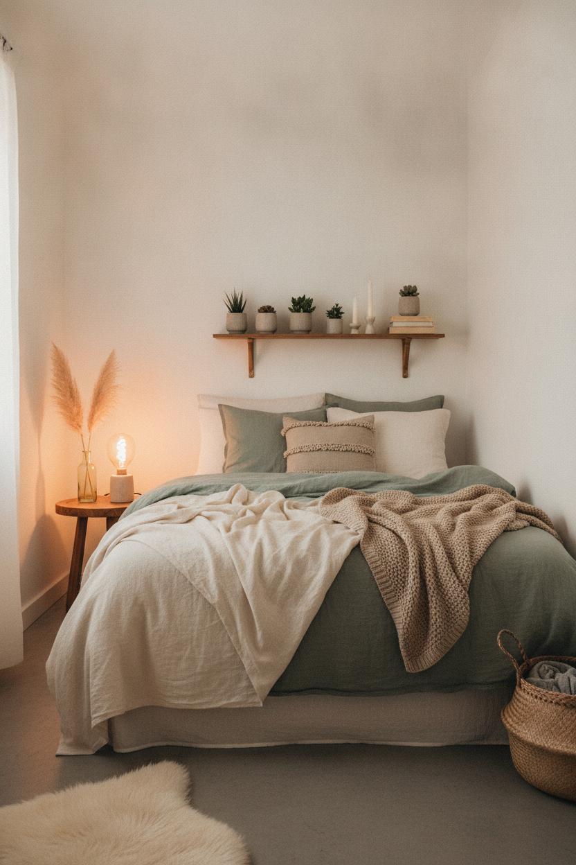 Affordable bedroom makeover before after: cozy small room with sage linen bedding, floating shelf, and warm Edison lamp glow