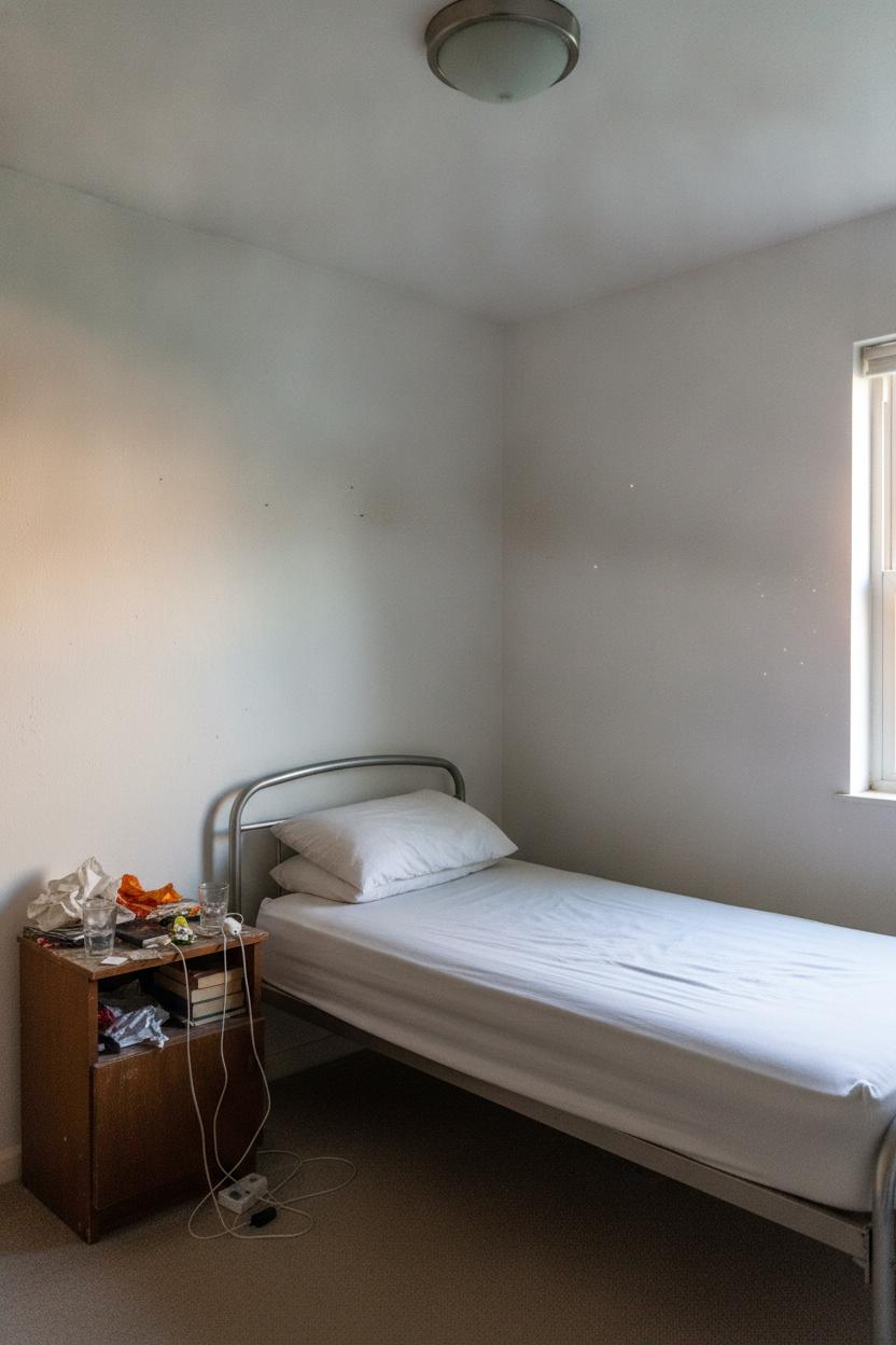 Outdated small bedroom before affordable bedroom makeover—bare walls, plain duvet, cluttered nightstand, dim lighting