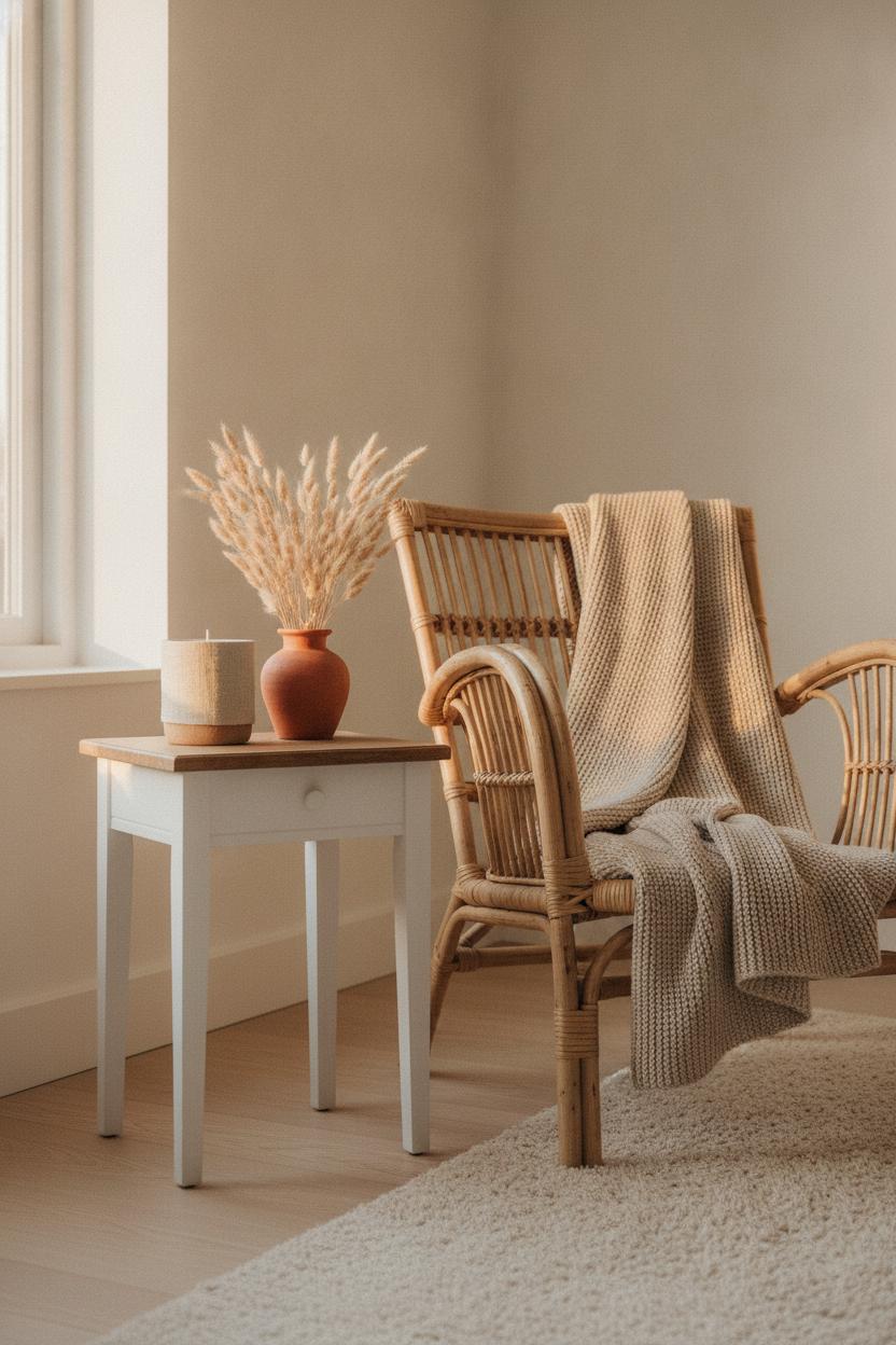 White chalk-painted side table styled with candle and pampas grass — a stunning thrift store home decor transformation