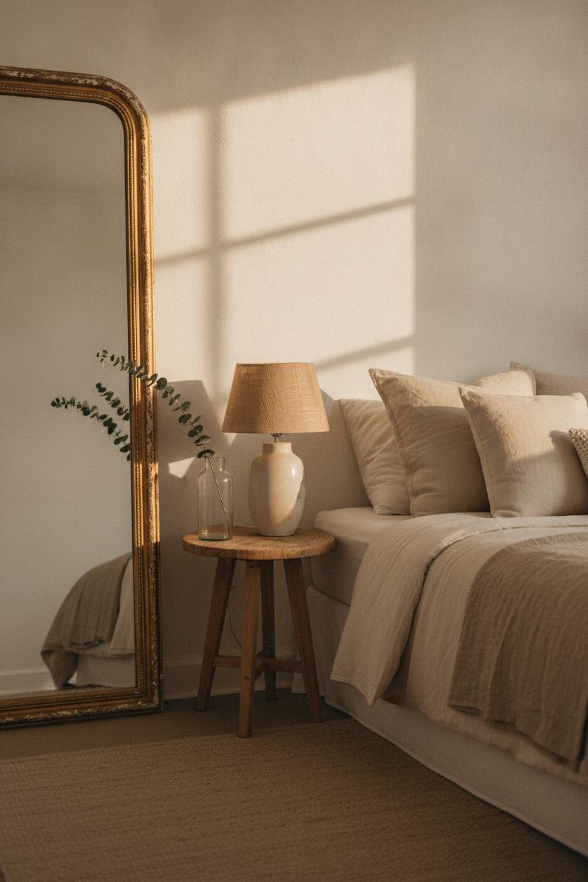 Cozy bedroom thrift store home decor transformation with gold mirror, linen throw, ceramic lamp, and eucalyptus stems