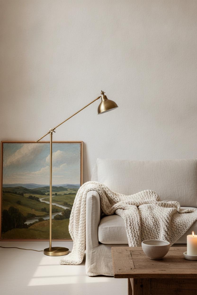Minimalist living room styled with thrift store home decor transformation: landscape painting, brass lamp, knit throw, and candle