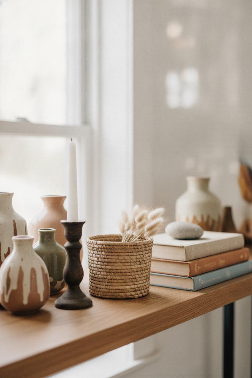 Cozy oak shelf styled with thrifted ceramic vases, linen books, and woven basket — thrift store home decor transformation