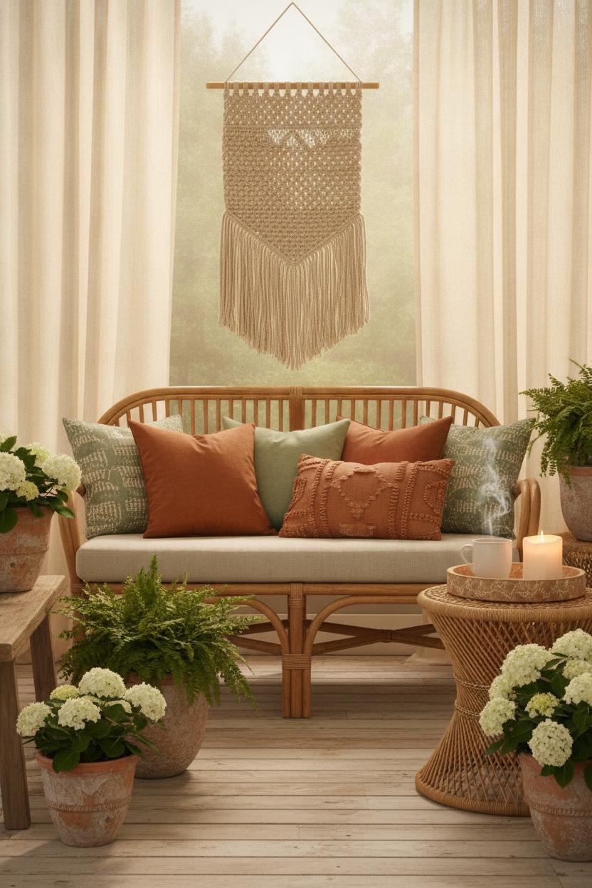 Cozy hygge outdoor living space ideas: rattan loveseat, terracotta pots, ferns, and morning light on a summer porch