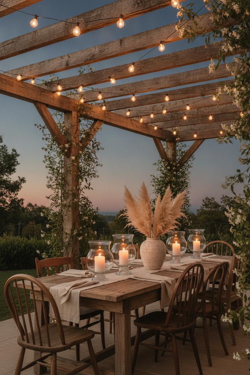 Wooden pergola with Edison string lights over farmhouse dining table—hygge outdoor living space ideas with pampas grass and jasmine vines