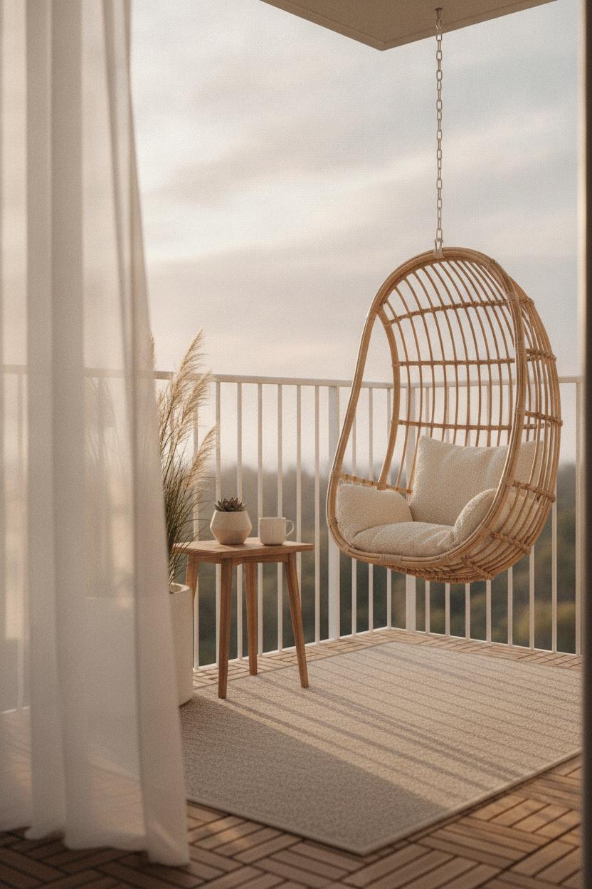 Minimalist Scandinavian balcony with rattan egg chair, teak table, and concrete planter — cozy hygge outdoor living space ideas