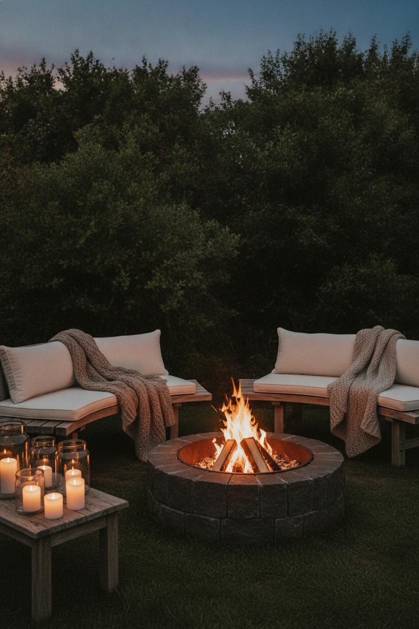 Cozy hygge outdoor living space ideas: fire pit with cream cushioned benches, wool throws, and glowing lanterns at twilight
