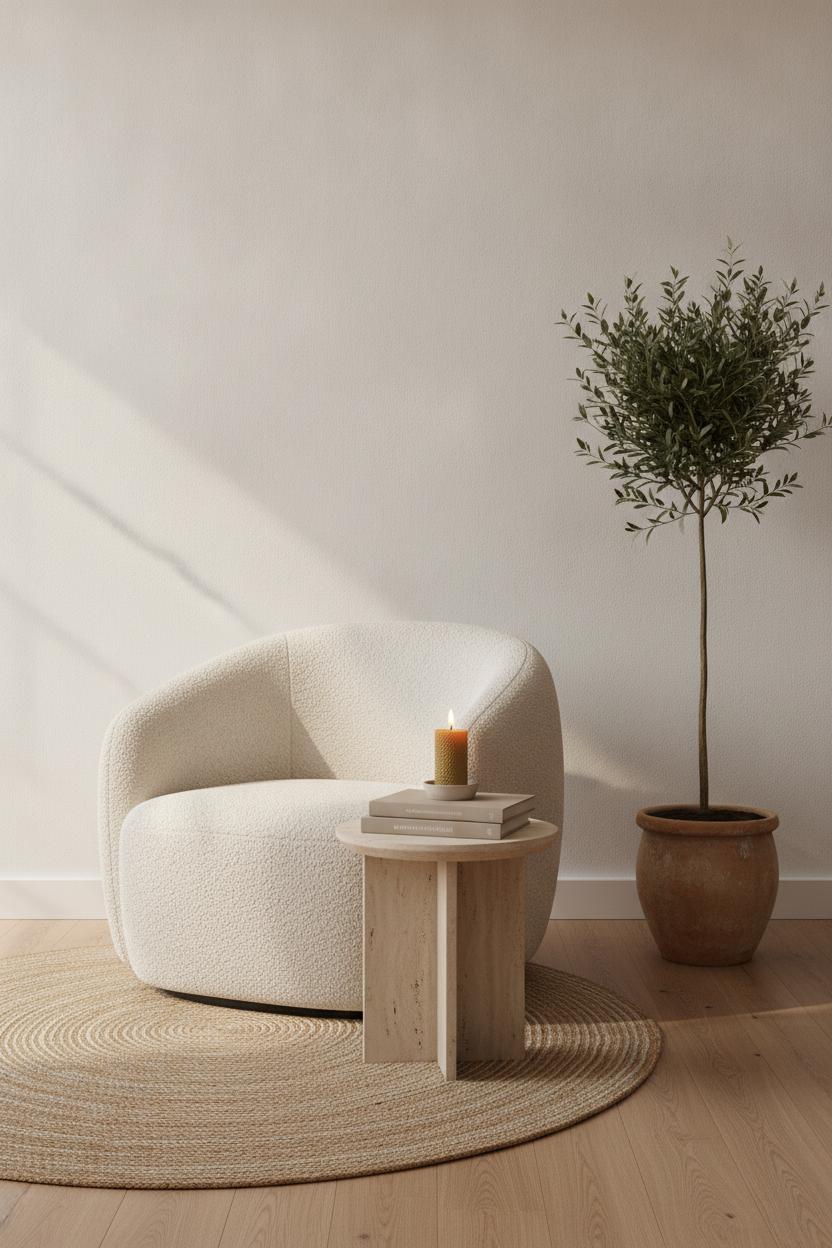 Minimalist cozy living room styling with ivory bouclé chair, travertine table, candle, and olive tree in warm natural light