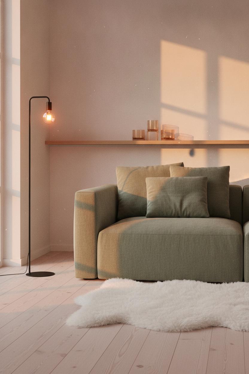 Minimalist cozy living room styling with floor lamp, sage cushions, sheepskin rug, and amber candlelight at golden hour
