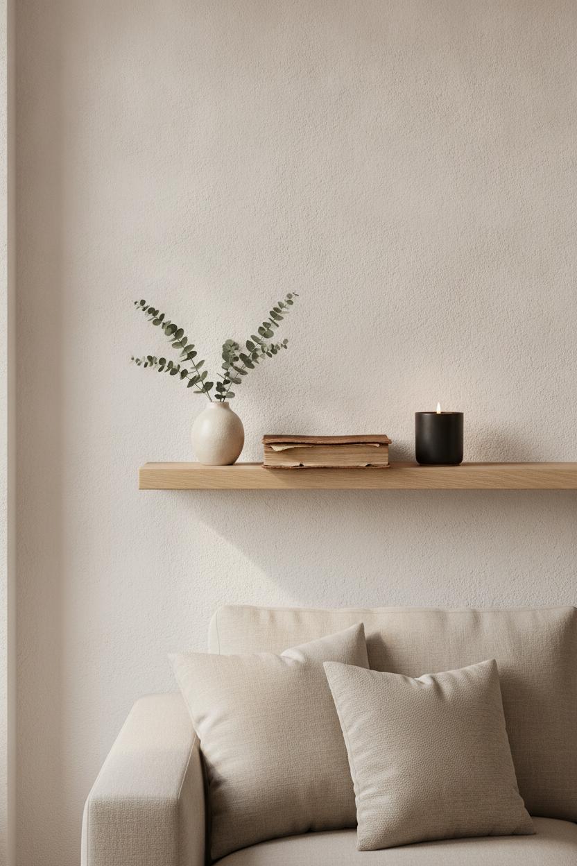 Minimalist cozy living room styling with wood shelf, ceramic vase, leather book, and soy candle above linen sofa