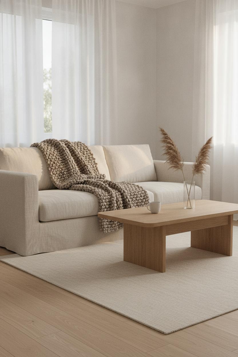 Minimalist cozy living room styling with cream linen sofa, oatmeal knit throw, oak coffee table, and soft morning light