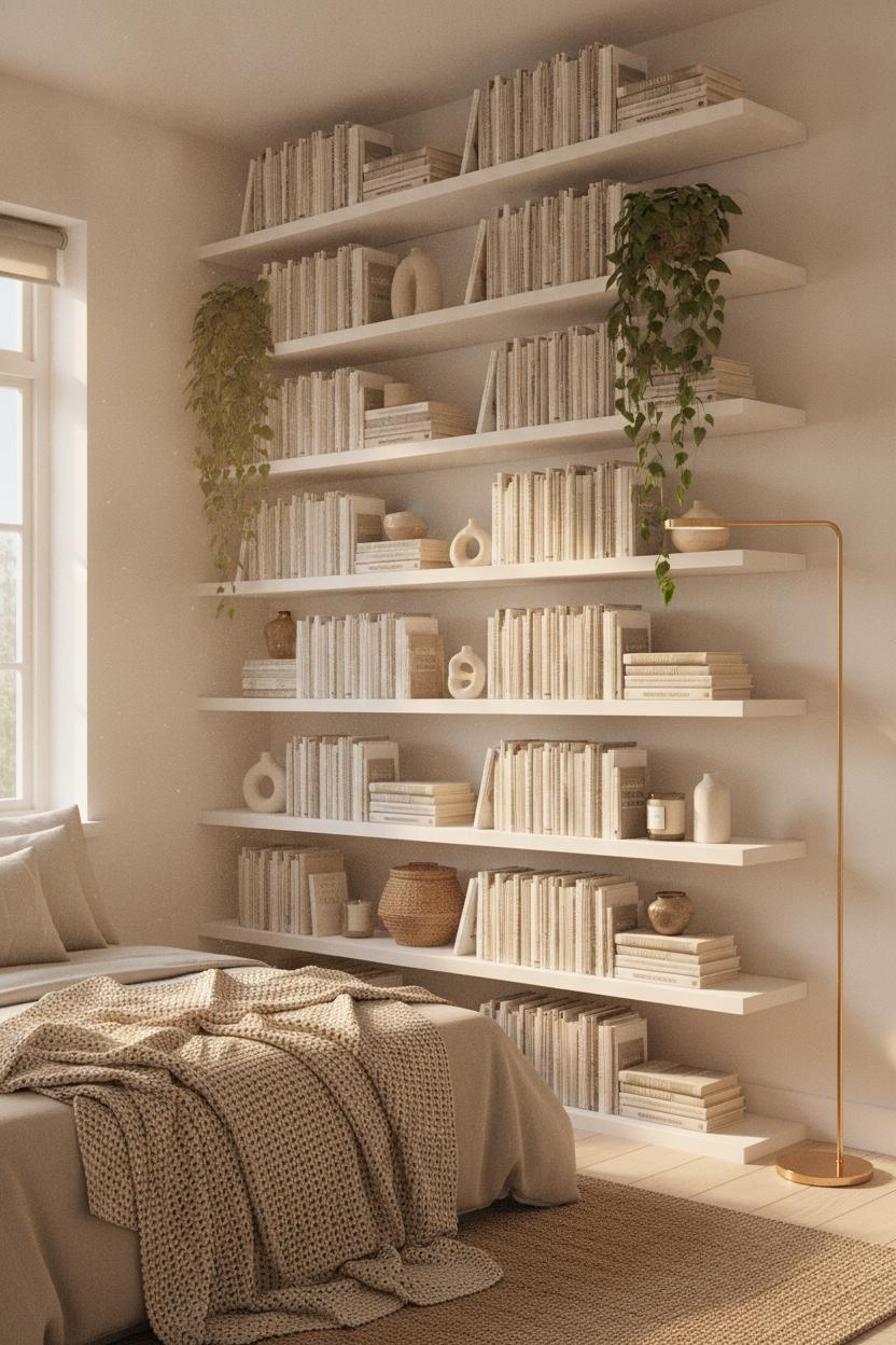 Cozy small bedroom interior design idea with floor-to-ceiling white floating shelves, plants, books, and warm lamp light