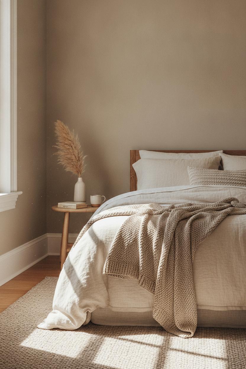 Warm greige small bedroom interior design idea with cream bedding, pampas grass decor, and soft afternoon sunlight