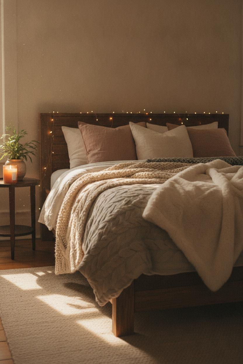 Cozy hygge small bedroom interior design ideas with chunky knit blankets, linen pillows, and glowing candle