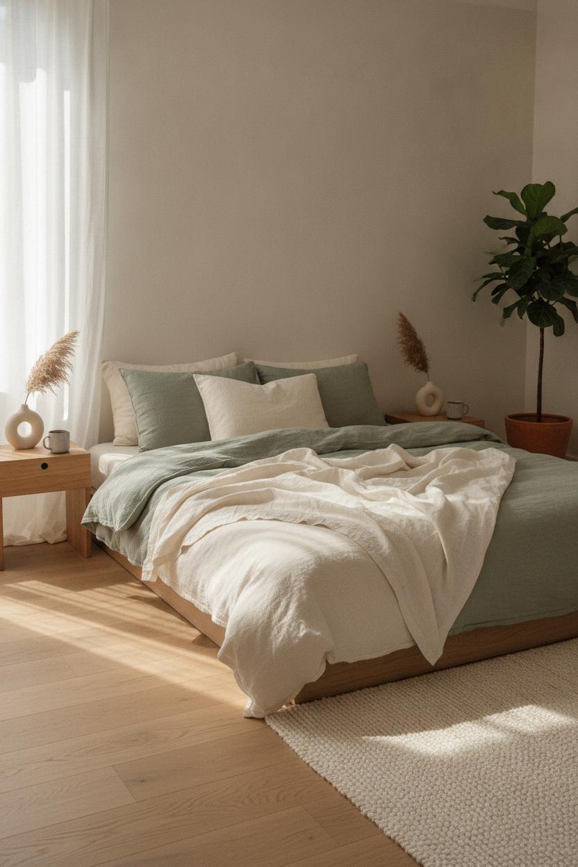 Minimalist platform bed with linen bedding and wooden nightstands — small bedroom interior design ideas with Scandinavian style
