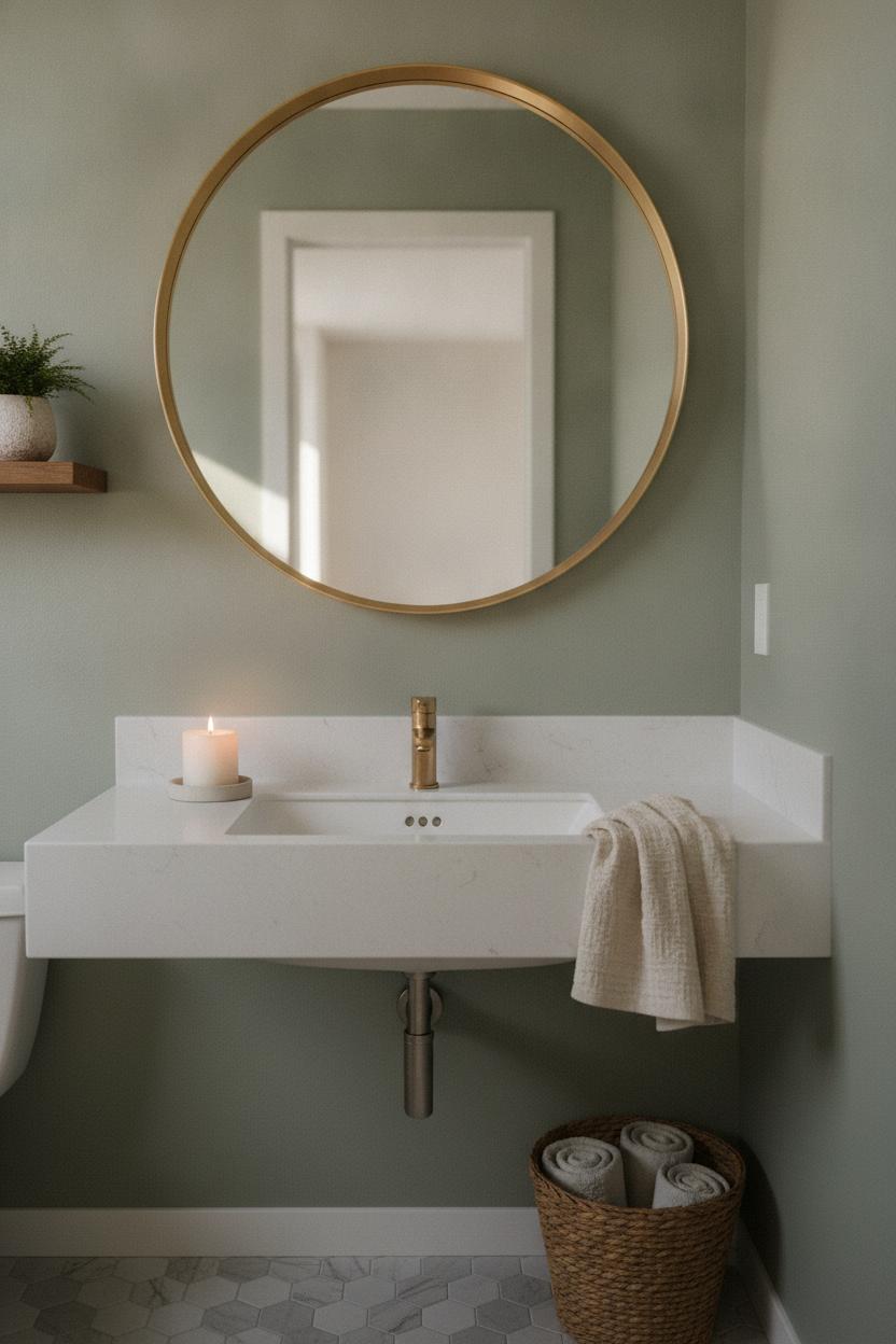 Round brass mirror above white sink in cozy small bathroom — a simple trick for how to make a small bathroom look bigger