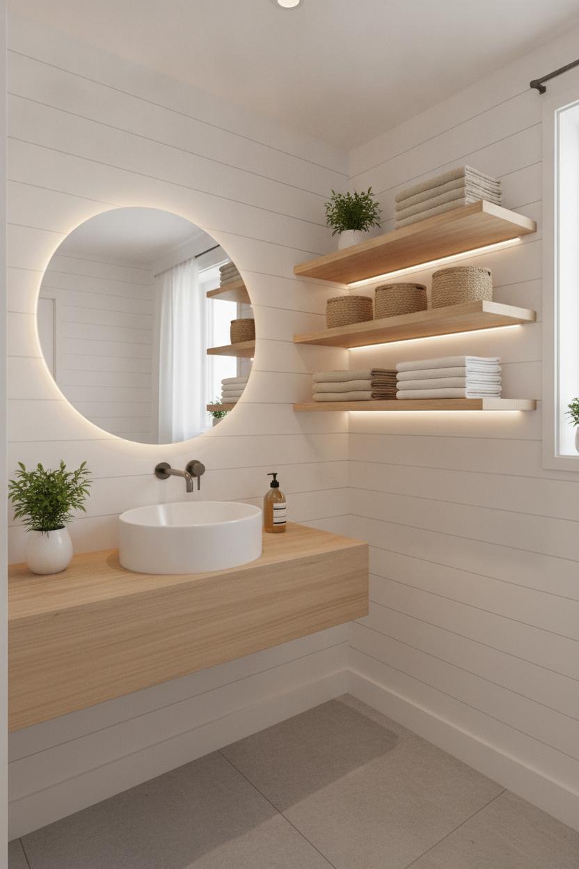 Minimalist small bathroom with floating shelves and woven baskets—smart storage ideas to make a small bathroom look bigger