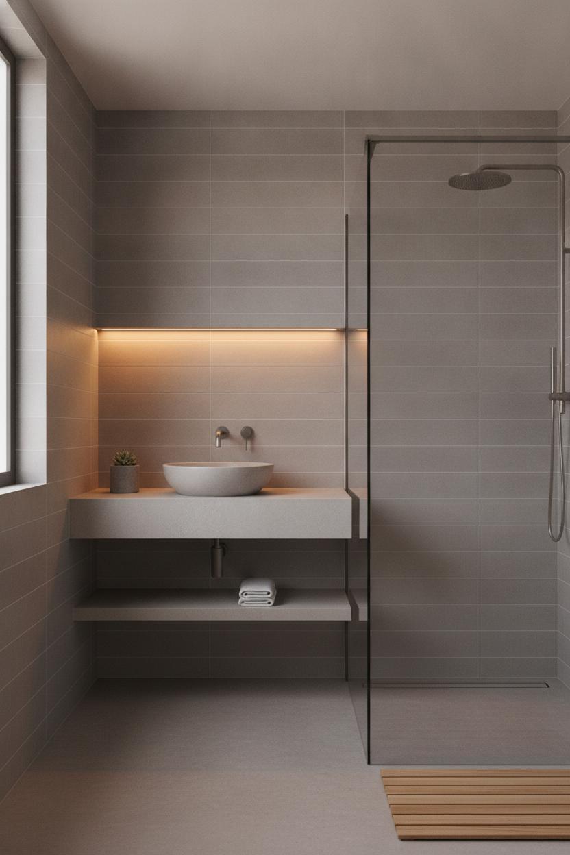 Small bathroom with horizontal gray subway tiles, warm LED vanity light, and frameless glass shower — how to make a small bathroom look bigger