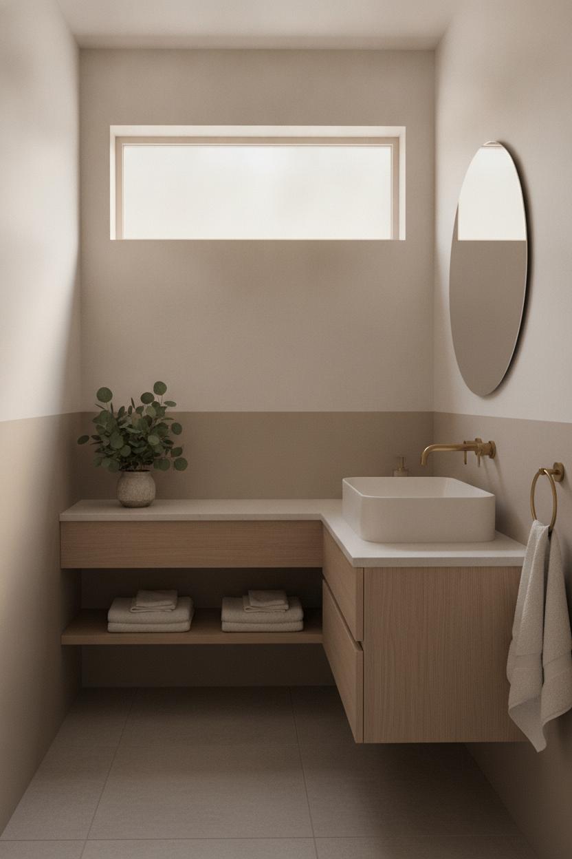 Soft white and greige small bathroom with floating vanity and eucalyptus plant — how to make a small bathroom look bigger