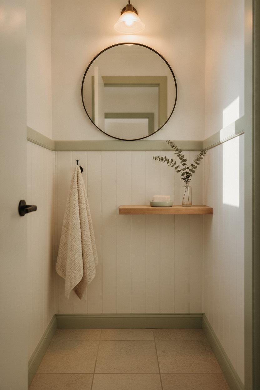 Cozy small bathroom in soft white and sage green with shiplap walls showing how to make a small bathroom feel bigger