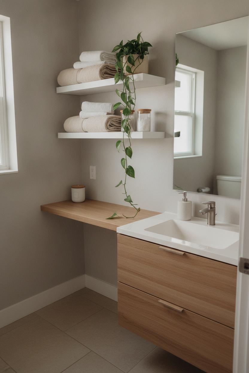 Floating white wooden shelves with folded towels and plants show how to make a small bathroom feel bigger