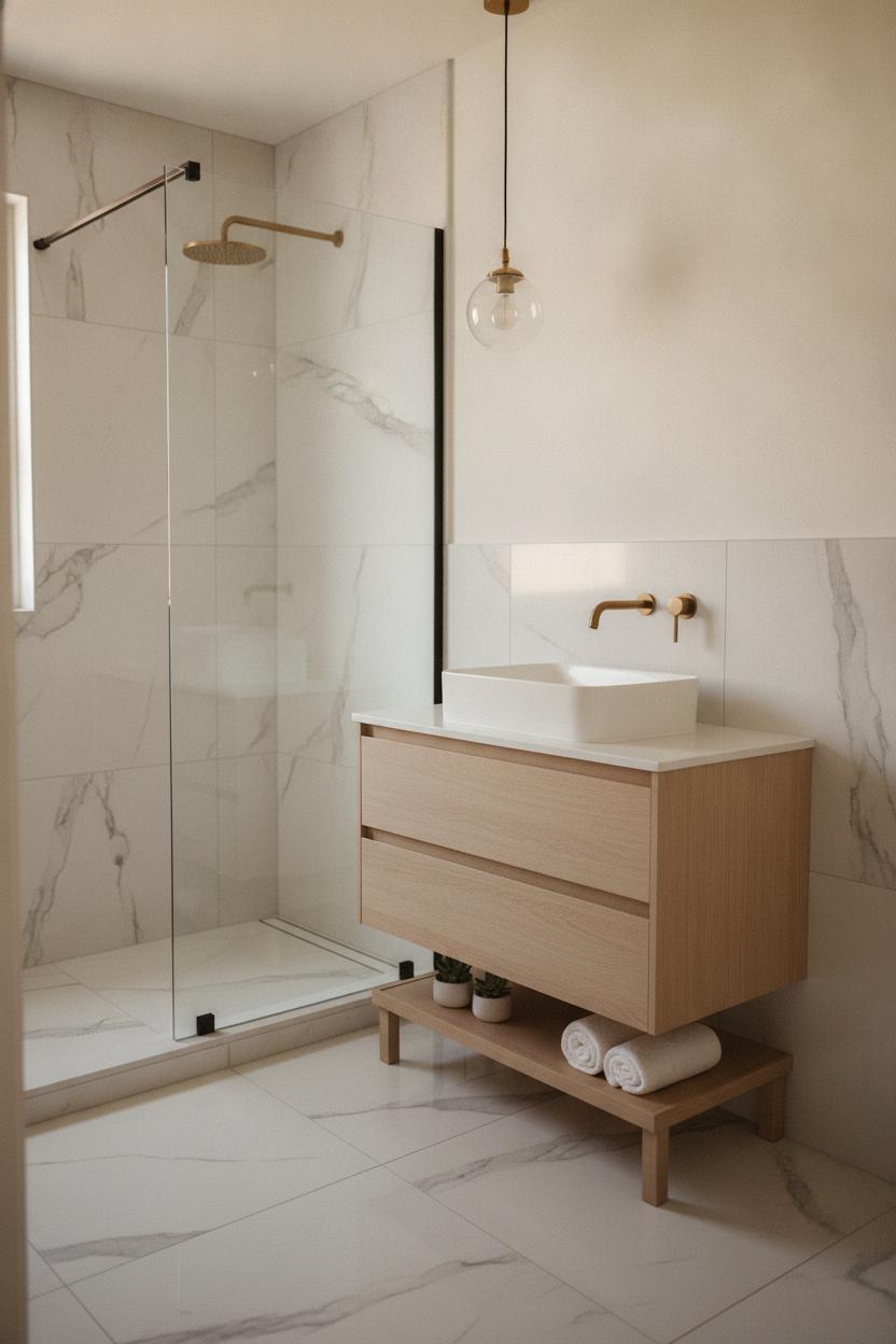 Small walk-in shower and floating wood vanity showing how to make a small bathroom feel bigger with an open layout