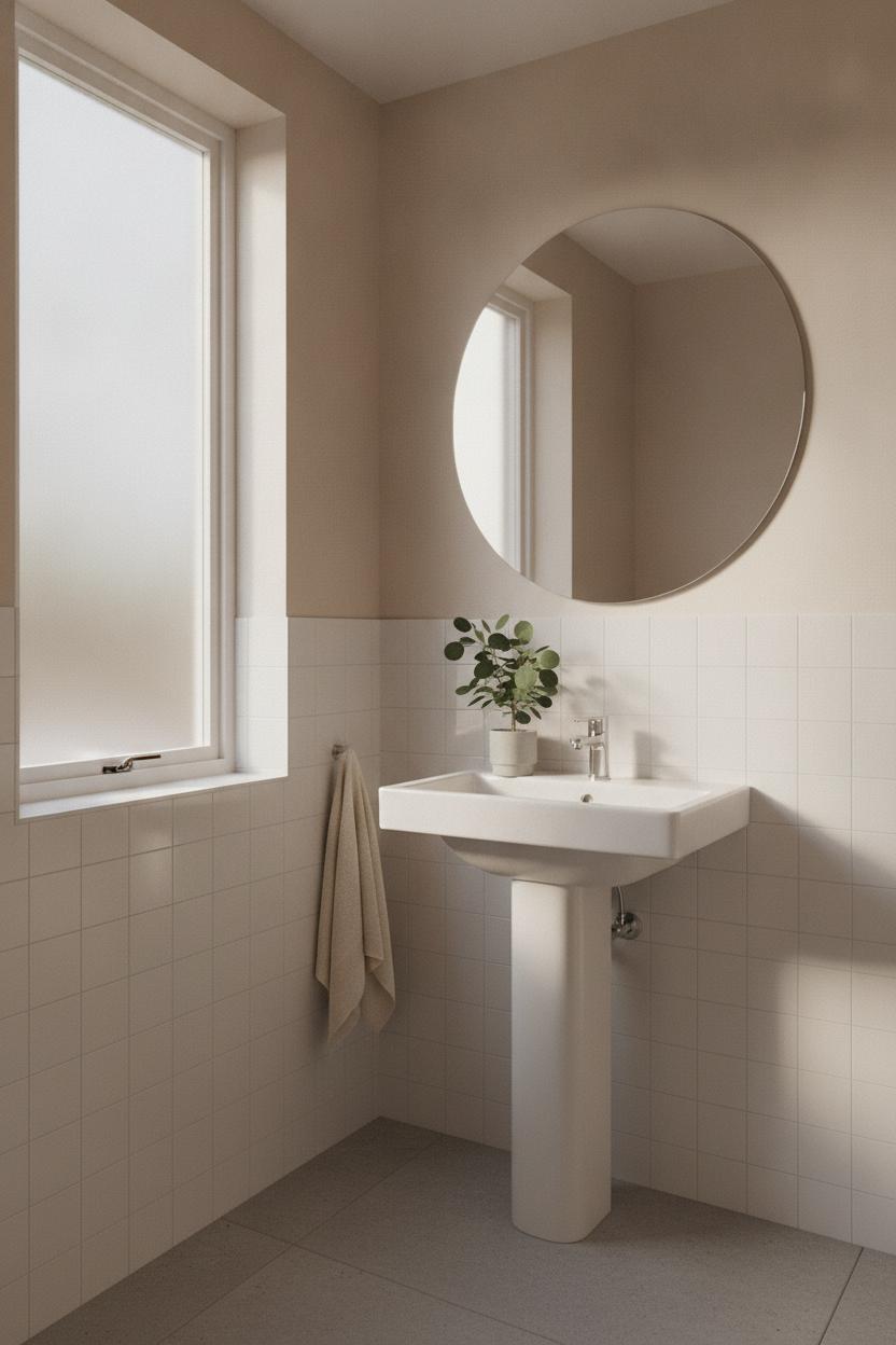 Minimalist small bathroom with round frameless mirror above pedestal sink—a simple trick to make a small bathroom feel bigger