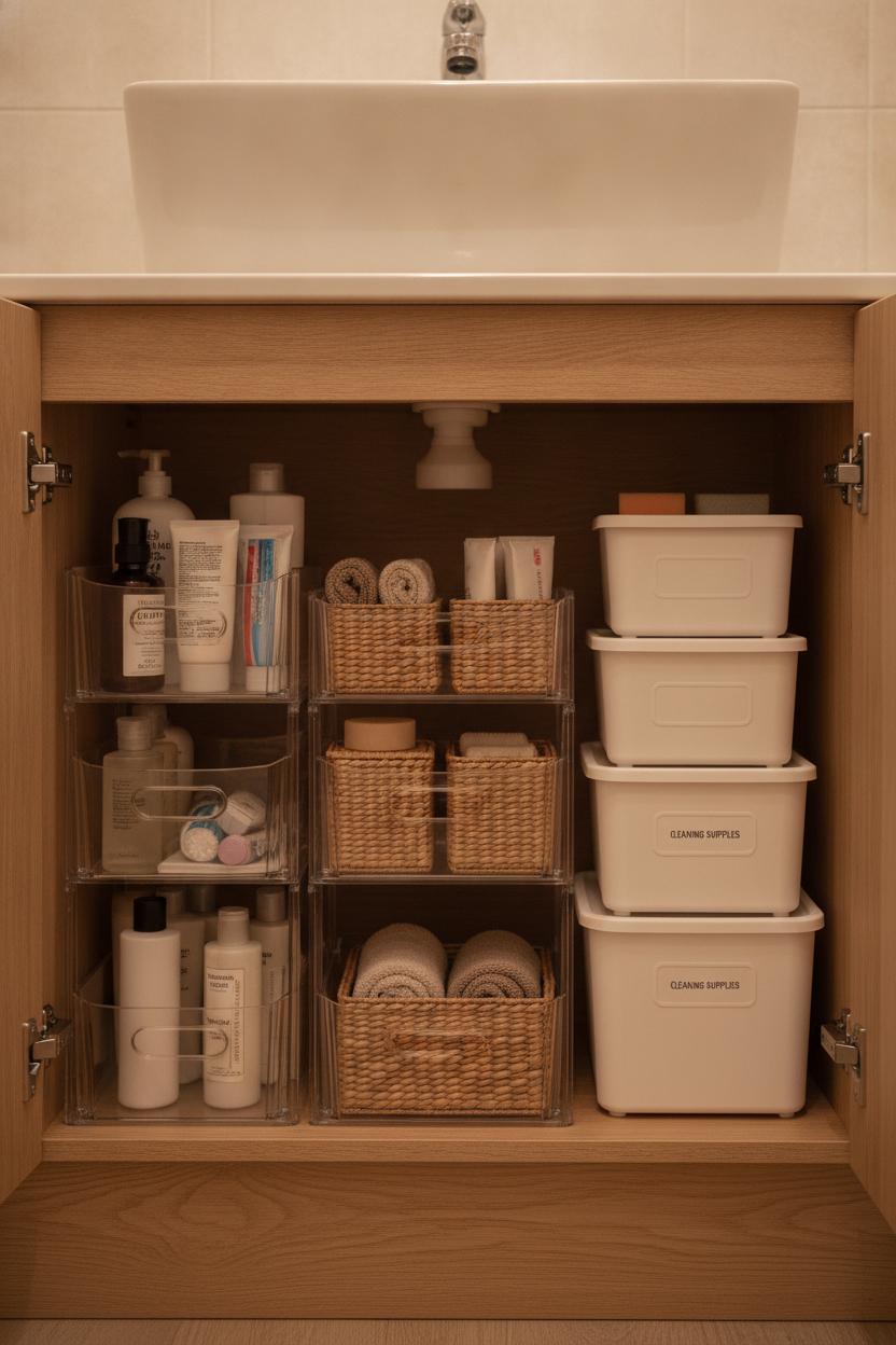Neatly organized under-sink bathroom cabinet with clear bins and baskets — small bathroom organization hacks