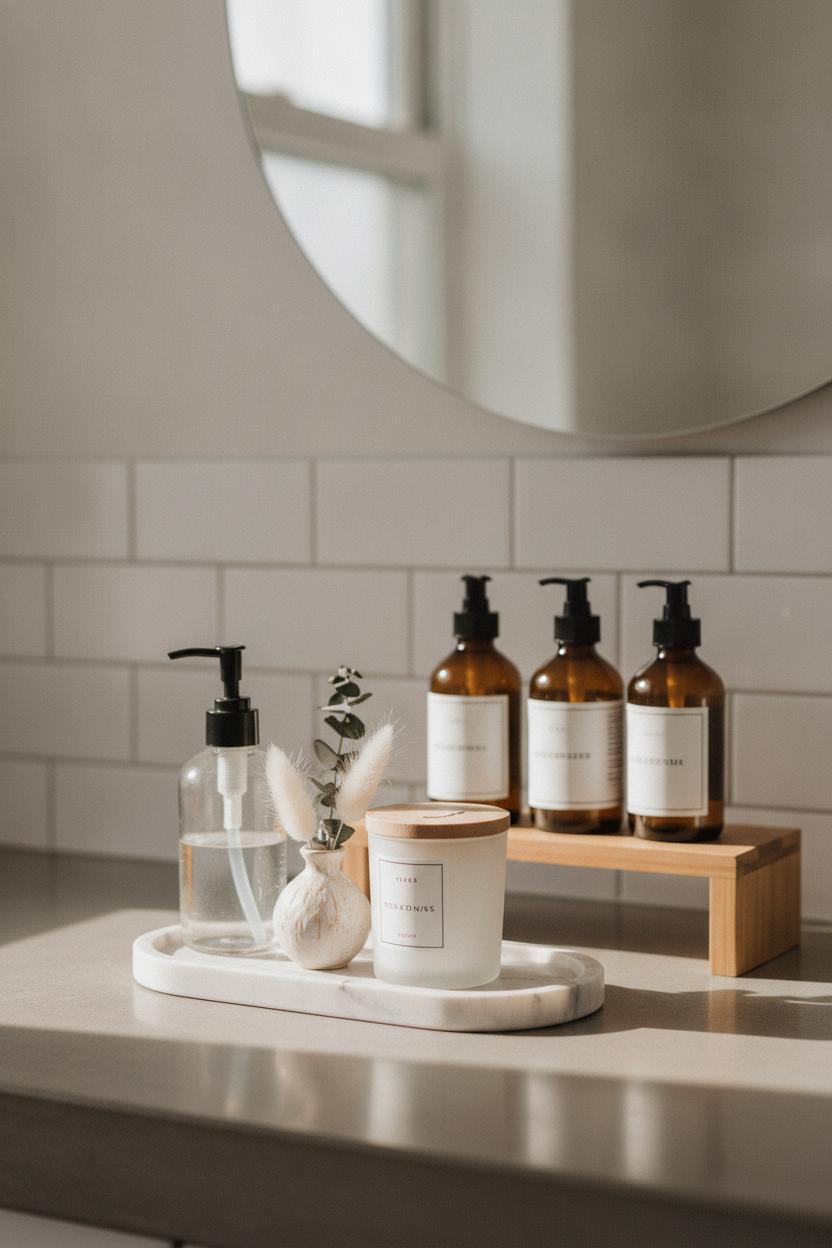 Minimalist bathroom countertop tray with soap dispenser, candle, and skincare bottles — small bathroom organization hacks
