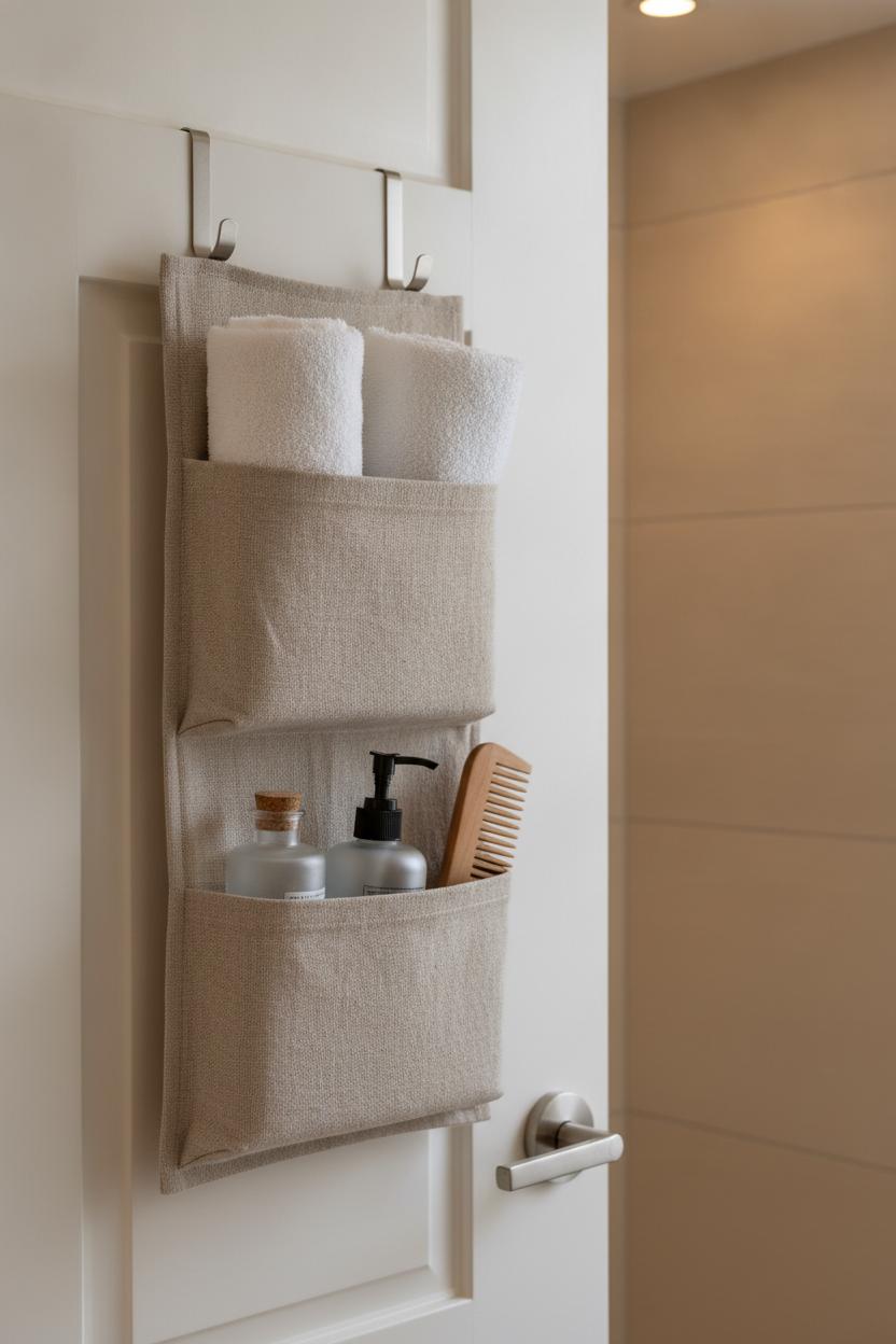 Over-door linen organizer holding towels and toiletries — a simple small bathroom organization hack for hidden storage